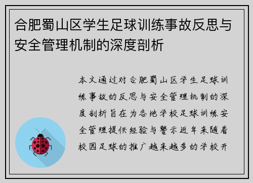 合肥蜀山区学生足球训练事故反思与安全管理机制的深度剖析